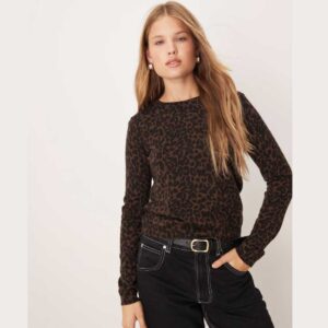 Mango fine knit top in dark brown leopard print