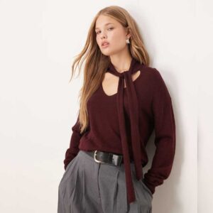 Mango v-neck knit sweater with scarf detail in burgundy