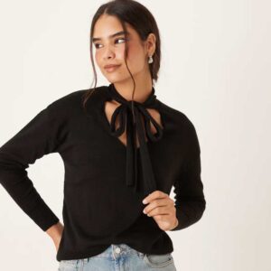 Mango V-neck sweater with neck tie in black