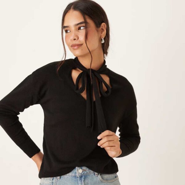 Mango V-neck sweater with neck tie in black