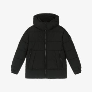 Boys Black Hooded Puffer Jacket with Zip Pockets