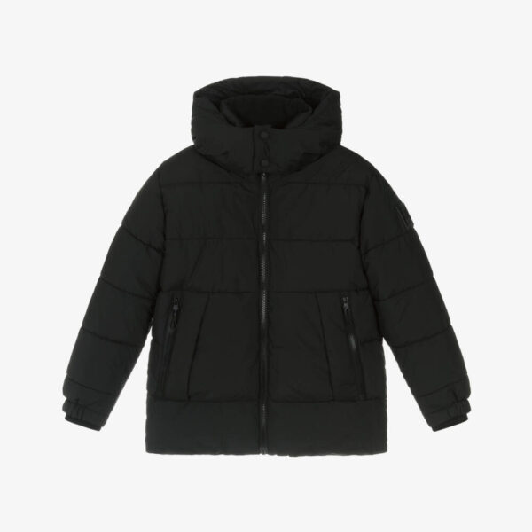 Boys Black Hooded Puffer Jacket with Zip Pockets