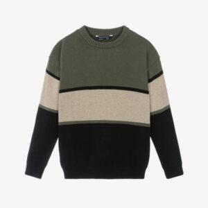 Boys Green Cotton & Wool Colourblock Sweater