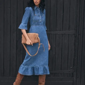 Indigo Denim Midi Shirt Dress