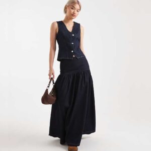 Miss Selfridge dropped waist denim maxi skirt in indigo