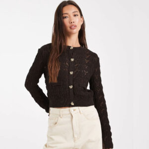 Miss Selfridge open knit cardigan with button detail in brown