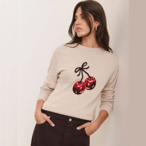 Neutral Cotton Blend Cherry Knit Jumper