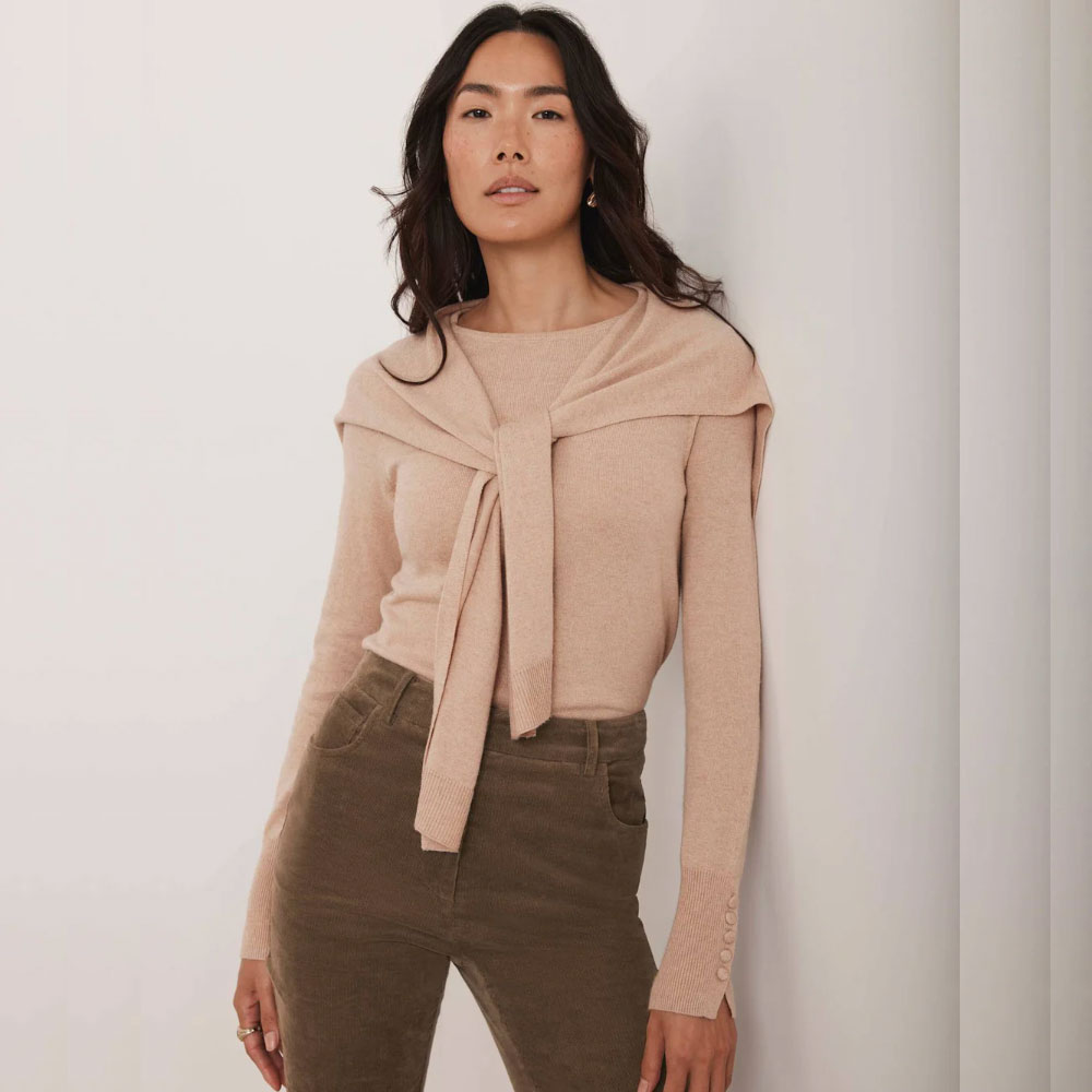 Neutral Cotton Blend Scarf Detail Knit Jumper