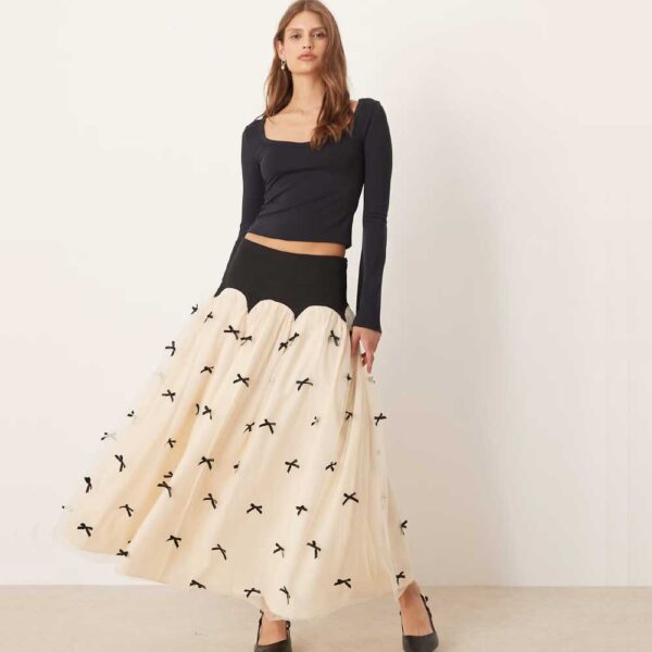 Never Fully Dressed contrast bow drop hem maxi skirt
