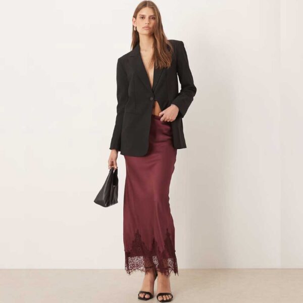 Never Fully Dressed Maeva midaxi skirt in wine with lace trim