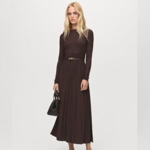 Pleated dress with belt Chocolate