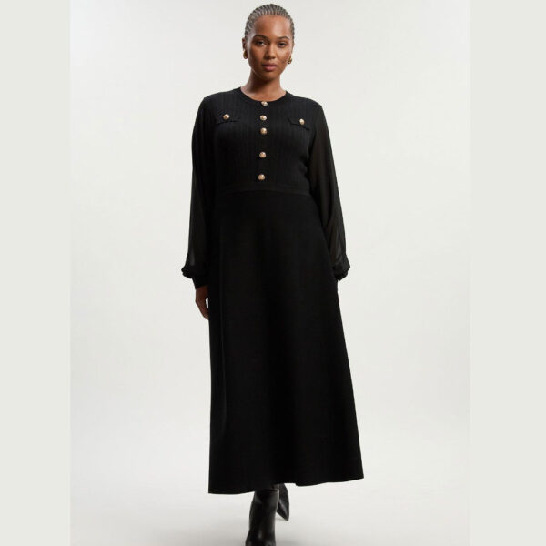 Plus Size Viscose Blend Maxi Knit Dress With Chiffon Sleeve Military Trim