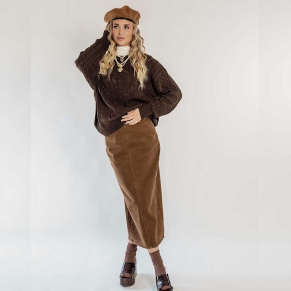 RAVE ON TREND Horsebit Detail Denim Skirt In Brown