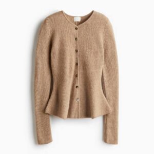 Rib-Knit Peplum Cardigan Beige melange