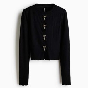 Ribbed Bow-Detail Top Black