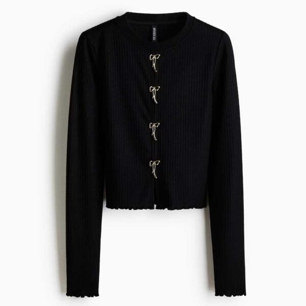 Ribbed Bow-Detail Top Black