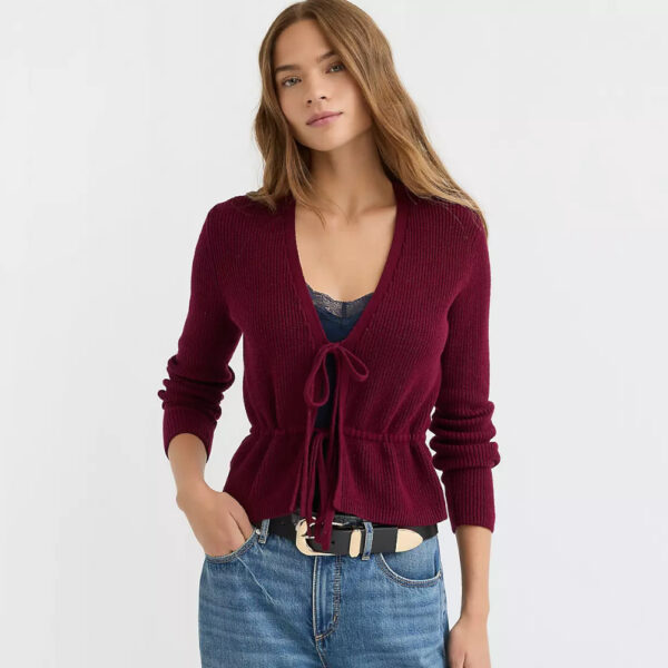 Ribbed Tie Front Cardigan Smoked Garnet
