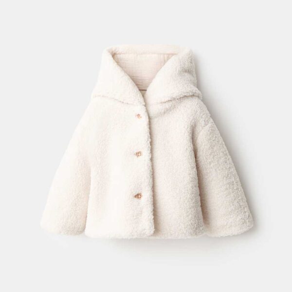 Shearling-effect hooded coat Ecru