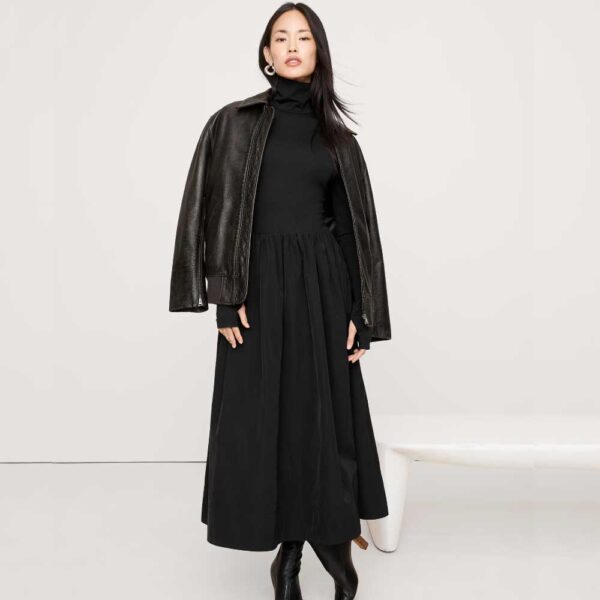 Taffeta Combo Turtleneck Maxi Dress Black