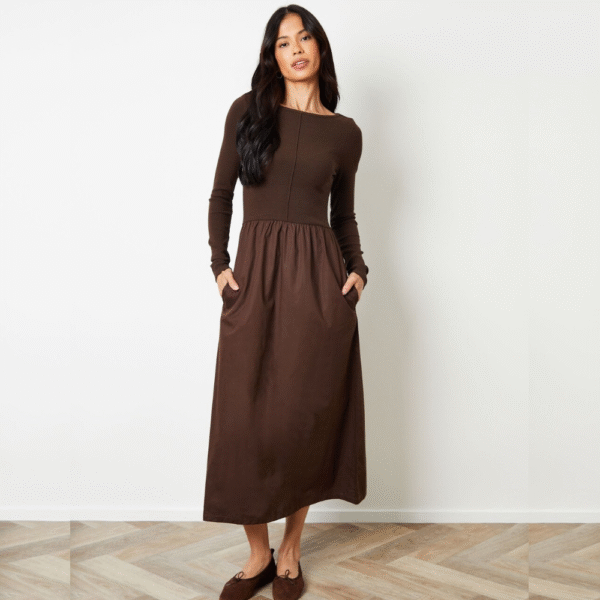 Threadbare Brown 2-in-1 Jersey Poplin Mix Slash Neck Long Sleeve Dress