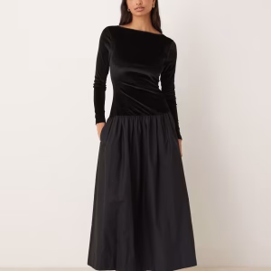 ASOS DESIGN velvet hybrid maxi dress with poplin skirt in midnight black