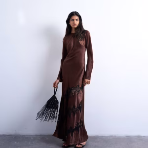 Topshop cutwork lace insert long sleeve maxi dress in chocolate