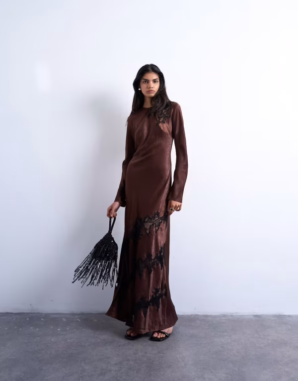 Topshop cutwork lace insert long sleeve maxi dress in chocolate
