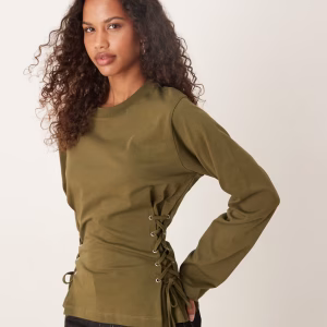 ASOS DESIGN lace up side detailing long sleeve t-shirt in khaki green