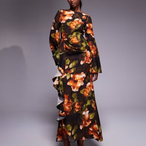 ASOS DESIGN long sleeve maxi dress with ruffle skirt in dark floral print