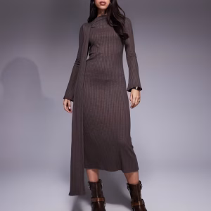 ASOS DESIGN long sleeve scarf detail maxi dress in chocolate