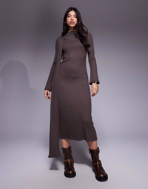 ASOS DESIGN long sleeve scarf detail maxi dress in chocolate