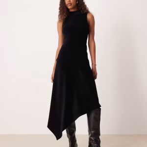 ASOS DESIGN corduroy high neck asymmetric hem midi dress in black