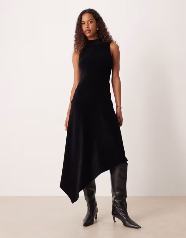 ASOS DESIGN corduroy high neck asymmetric hem midi dress in black