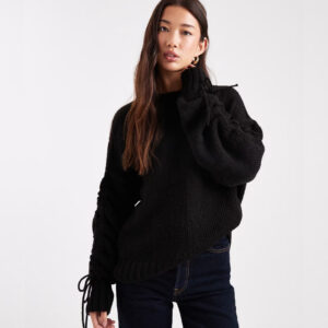 ASOS DESIGN ruched tie sleeve sweater in black