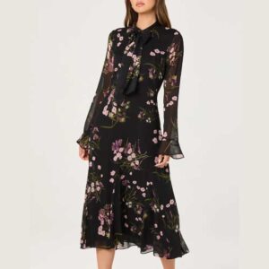ASTR the Label Floral Tie Neck Long Sleeve Dress