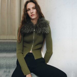 Combined fur-effect cardigan Khaki