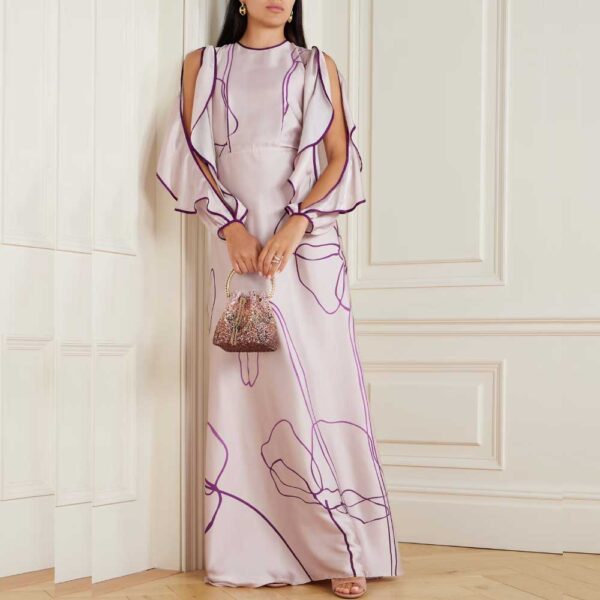 COSTARELLOS Priela ruffled cutout floral-print satin gown