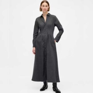 Denim Pintuck Button-Front Maxi Dress