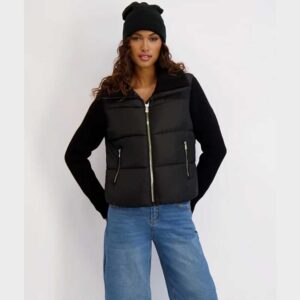 Kensie Women's Mixed Media Short Puffer with Knit Sleeves & Collar