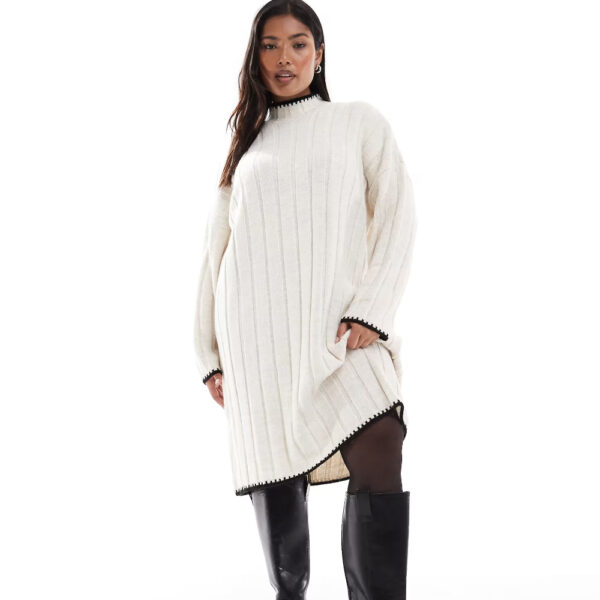 ONLY Curve contrast stitch knit mini dress in white