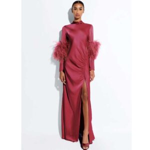 Satin Tab Gown With Feathers Dark Rose