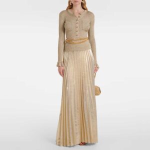 Self-Portrait Ribbed-knit lamé plissé maxi dress