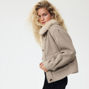 Twill Jacket with Fluffy Collar Beige