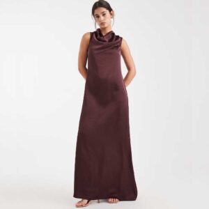 Vero Moda satin drape neck detail maxi dress in chocolate