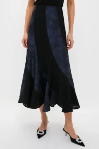 Navy Jacquard and Black Lace Mallory Skirt