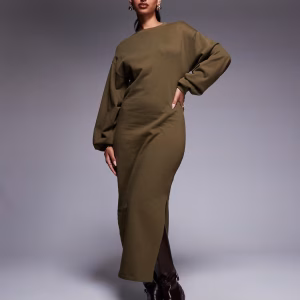 ASOS DESIGN Cotton Balloon Sleeve Midi Sweatshirt Dress in Khaki Green