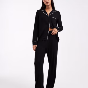 ASOS DESIGN Super Soft Long Sleeve Shirt & Pants Pajama Set With Contrast Piping in Black