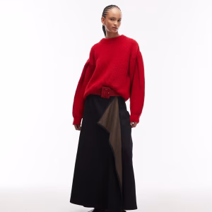 ASOS DESIGN Denim Hanky Hem Skirt in Indigo With Brown Tint