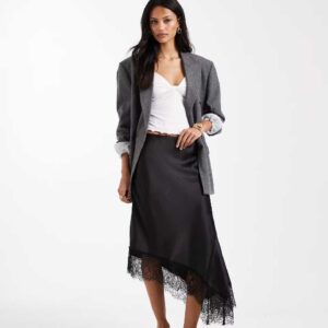 ASOS DESIGN satin asymmetric lace trim midi skirt