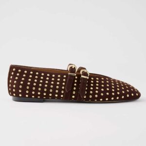 Buckled Suede Studded Ballet Flat Pure Chocolate